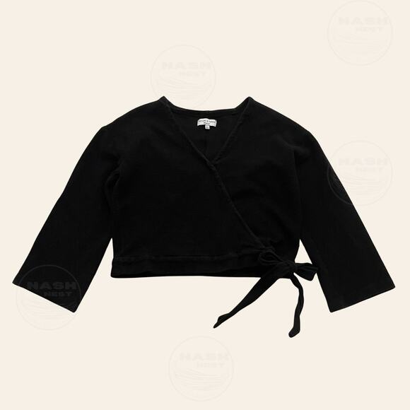 Texture & Thread by Madewell Black Wrap Crop Top | Tie-Front 100% Cotton Knit, L - Picture 1 of 9